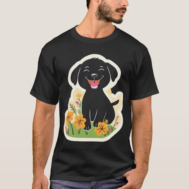 T-shirt Heureux chiot noir dans les fleurs sauvages (Devant)