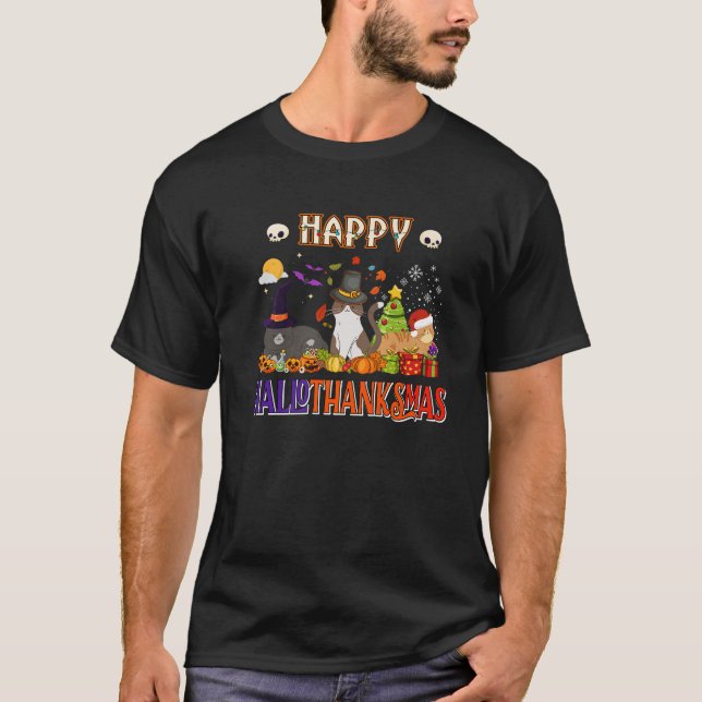 T-shirt Heureux Hallothanksmas Chat sorcière Santa Hat Cit (Devant)