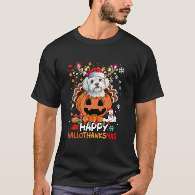 T-shirt Heureux Hallothanksmas Drôle chien maltais dinde M (Devant)