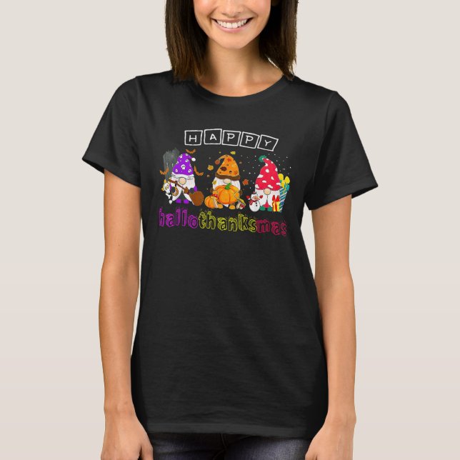 T-shirt Heureux Hallothanksmas mignons Gnomes sorcier Sant (Devant)