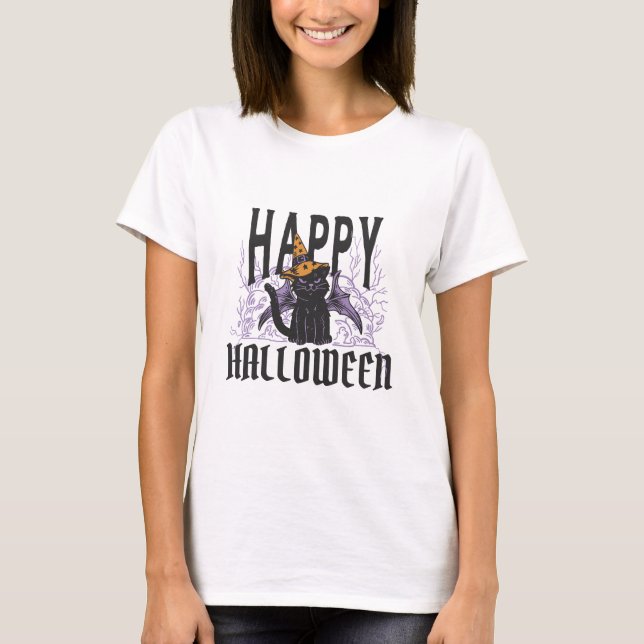 T-SHIRT HEUREUX HALLOWEEN CHAT NOIR AVIONS (Devant)