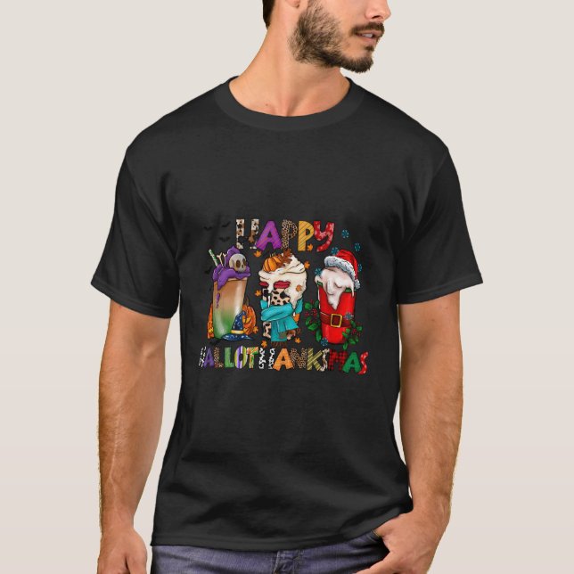 T-shirt Heureux Hallowthanksmas Cafés Pour (Devant)