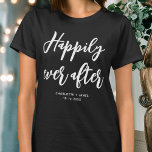 T-shirt Heureux toujours après Mariage Personnalisé Noir<br><div class="desc">Faites une déclaration avec ce t-shirt mariage personnalisé ! Les mots 'Heureusement toujours après' sont écrits dans une police de script tendance, et ci-dessous vous pouvez ajouter un nom personnalisé, une date mariage, un emplacement ou un autre texte. Un beau cadeau pour toute mariée ! Couleurs : noir et blanc....</div>