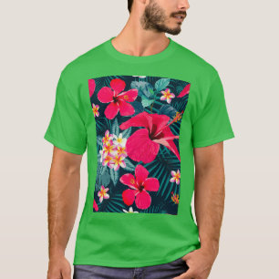 T-shirt hibiscus frangipani rouge motif sans joint fleurs