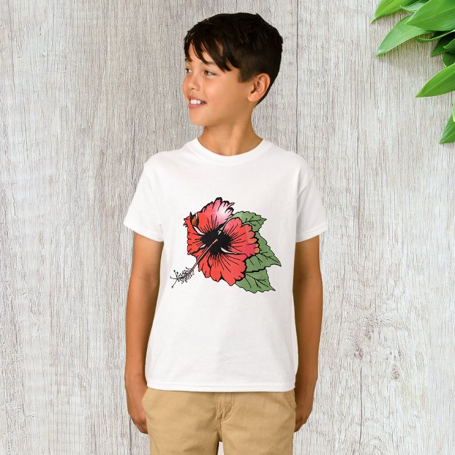 T-shirt Hibiscus rouge tropical avec Feuilles verts (Créateur téléchargé)
