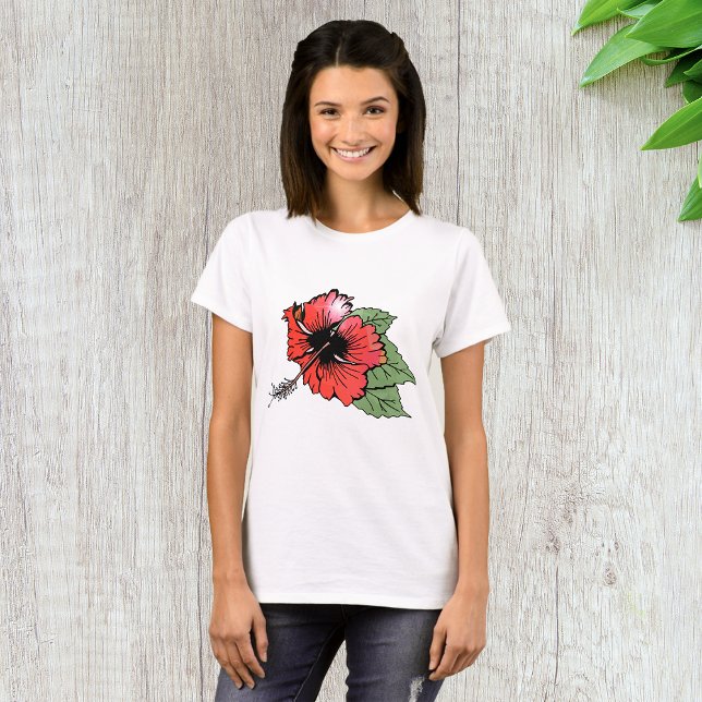 T-shirt Hibiscus rouge tropical avec Feuilles verts (Créateur téléchargé)