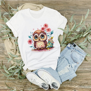 T-shirt Hibou avec fleurs et petite maison