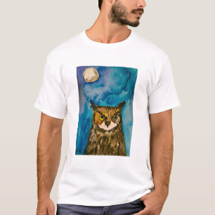 T-shirt Hibou de nuit faune aquarelle Lune Mignonne oiseau