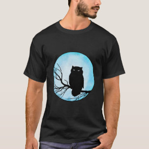 T-shirt Hibou vintage effrayant avec lune aquarelle bleue