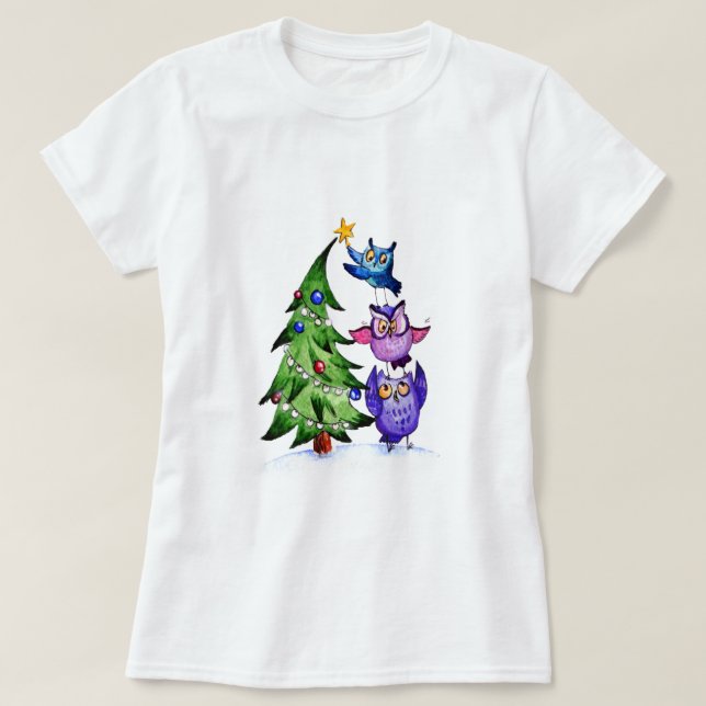 T-shirt Hiboux de Noël arbre de vacances (Design devant)