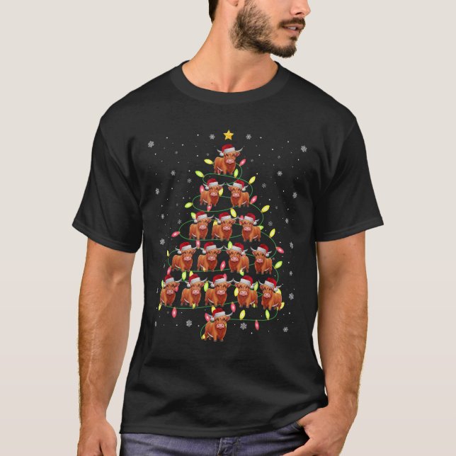 T-shirt Highland Cow Père Noël Christmas Tree Lights Ugly  (Devant)