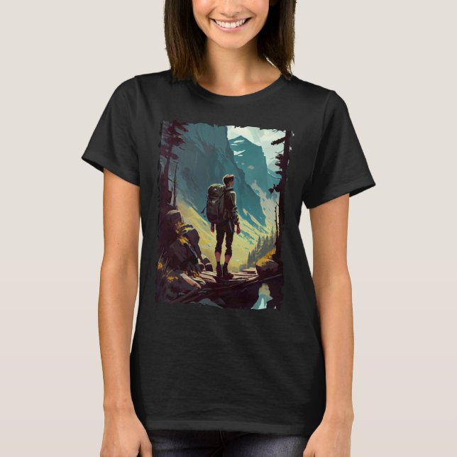 T-shirt Hiking Woman mountains sunset hiker retro 70s vint (Devant)