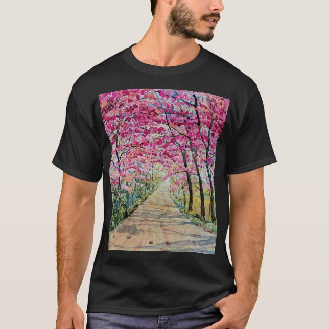 T-shirt Himalaya Cherry Roadside Aquarelle Paysage (Devant)