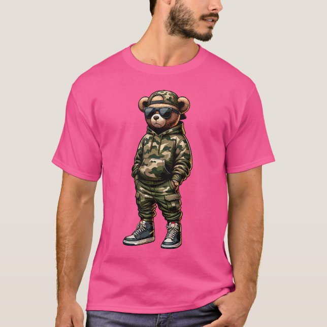 T-shirt Hip hop Camo Teddy Bear Cool Rapper Streetwear Gra (Devant)