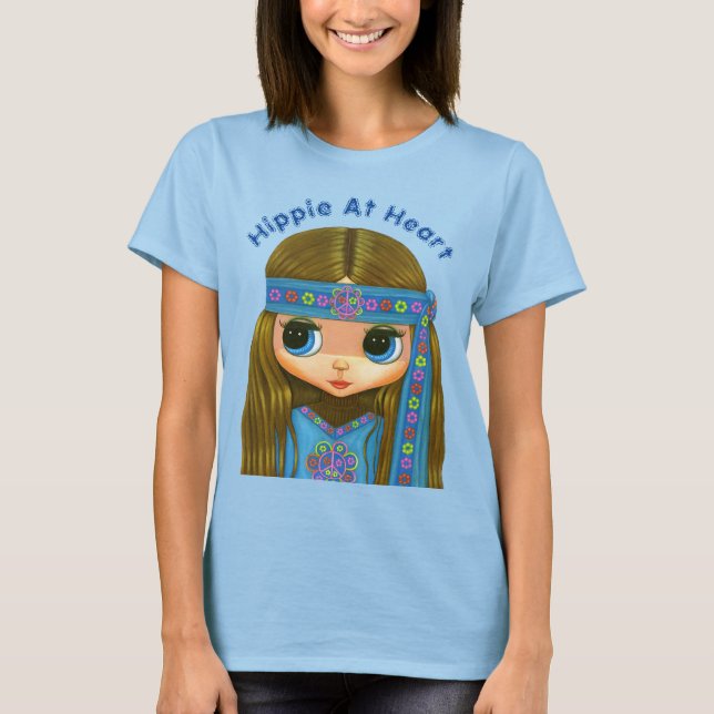 T-shirt Hippie Au Coeur Mignonne Gros Oeil Bleu Hippie Chi (Devant)
