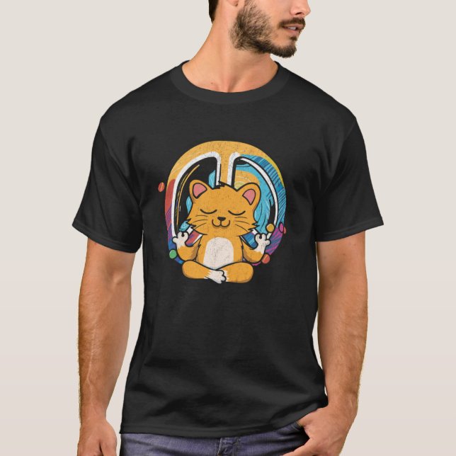 T-shirt Hippie Cat Yoga Peace Sign  Feline Meditation (Devant)