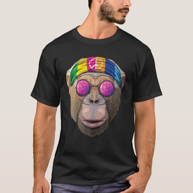 T-shirt Hippie Chimpanzee Love Peace Sign Les années 70 Hi (Devant)