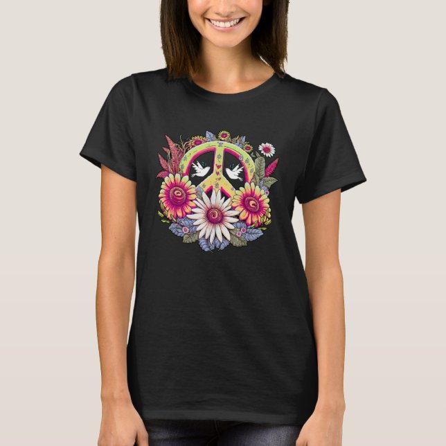 T-shirt Hippie Daisy Peace Sign Retro Flower Sunflower (Devant)