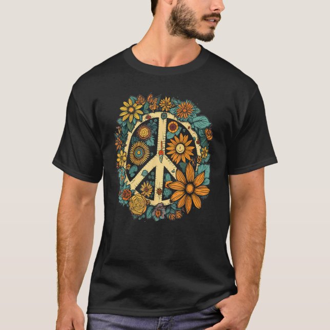 T-shirt Hippie Daisy Peace Sign Retro Flower Sunflower (Devant)