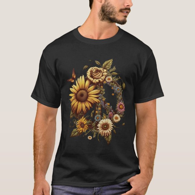 T-shirt Hippie Daisy Peace Sign Retro Flower Sunflower   1 (Devant)
