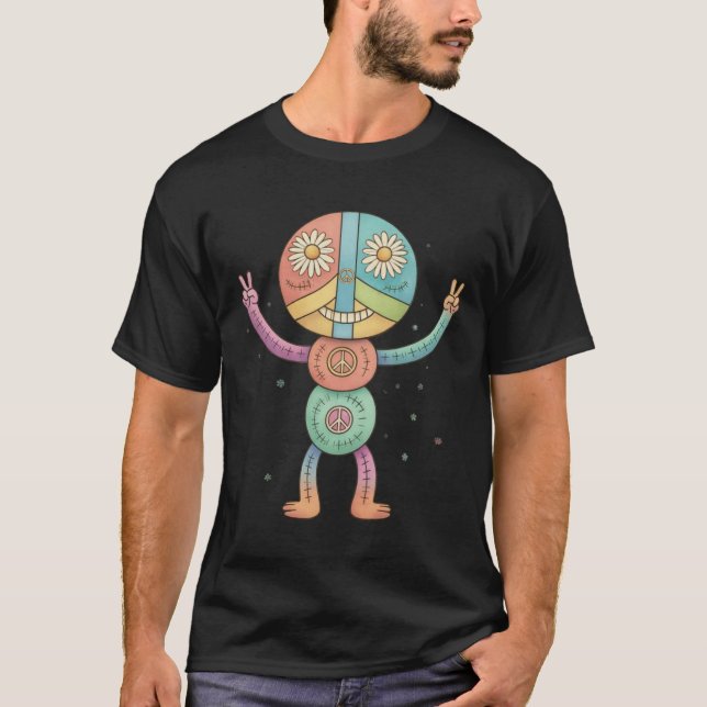 T-shirt Hippie Peace Doll – Retro Stitched Flower Child (Devant)
