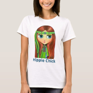 T-shirt Hippie poupée fille dans le bandeau vert Paix Sign