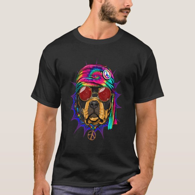 T-shirt Hippie Rottweiler Tie Dye Peace Sign Psychedelic D (Devant)