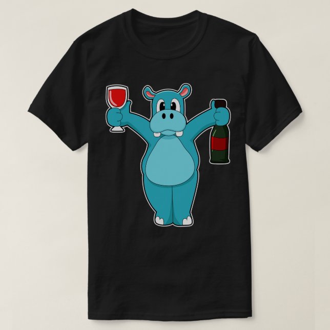 T-shirt Hippo avec verre de vin bouteille vin (Design devant)
