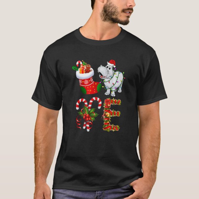 T-shirt Hippo Christmas Lights Led  Santa Hat Christmas (Devant)