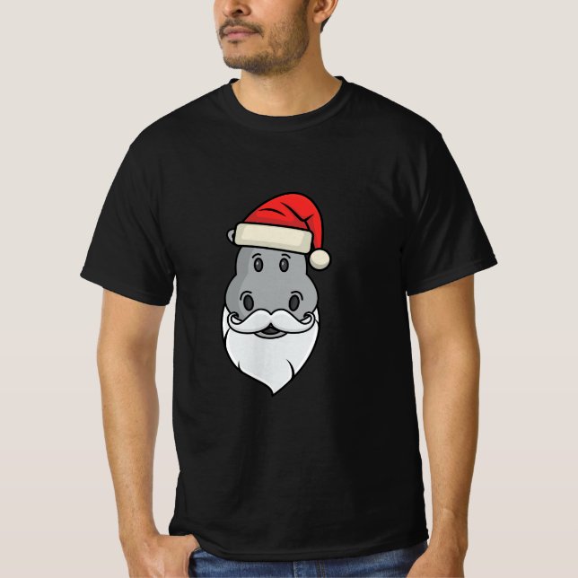 T-shirt hippo drôle avec barbe père Noël et casquette (Devant)