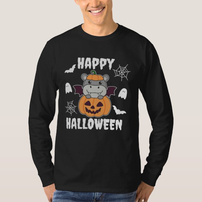 T-shirt Hippo Happy Halloween Pumpkin Bat Hippos Halloween (Devant)