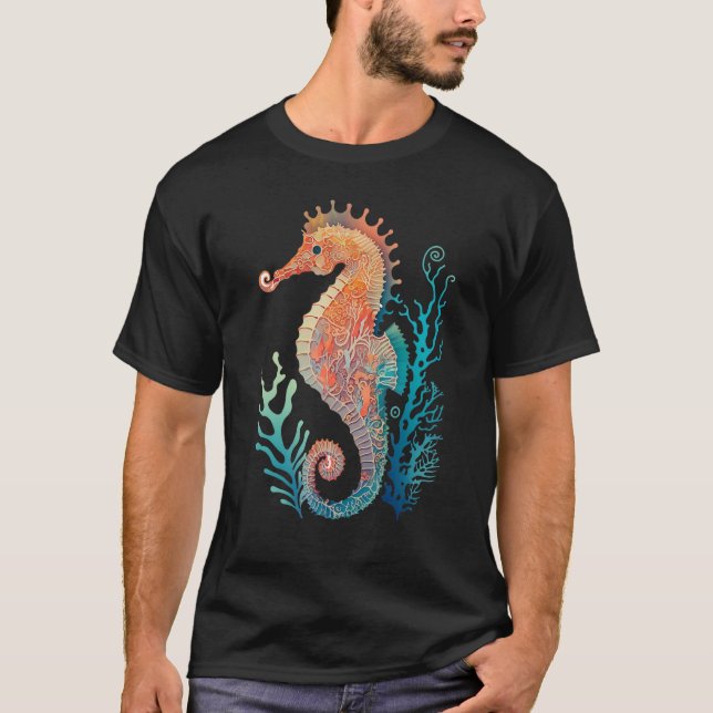 T-shirt Hippocampe coloré avec illustration d'algues (Devant)