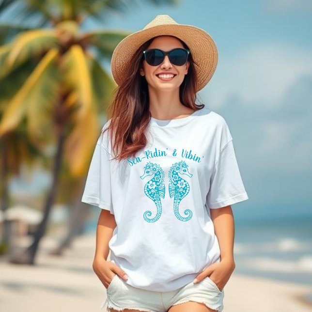 T-shirt Hippocampe-pêcheur Coeur-Hawaï Tropical-Azure (Sea Horse-Fisherman Core-Hawaiian-Tropical-Beach T shirt-Summer Trend-Azure Light Blue)