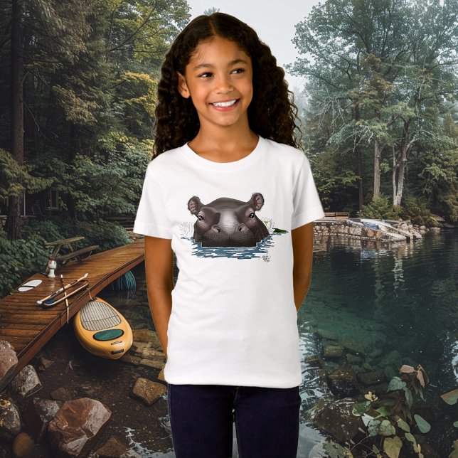 T-Shirt Hippopotame Lotus Blanc Bleu (Créateur téléchargé)