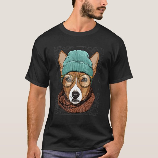 T-shirt Hipster African Basenji Animal Wearing Sunglasses  (Devant)