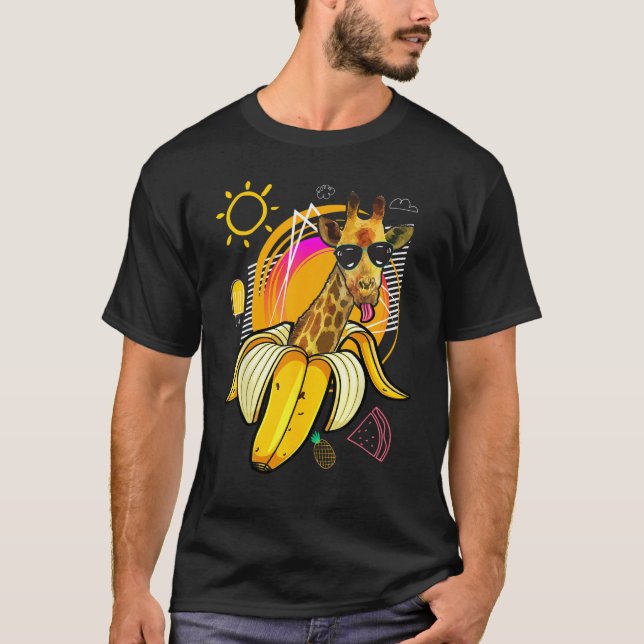 T-shirt Hipster Giraffe with Banana and Sunglasses  summer (Devant)