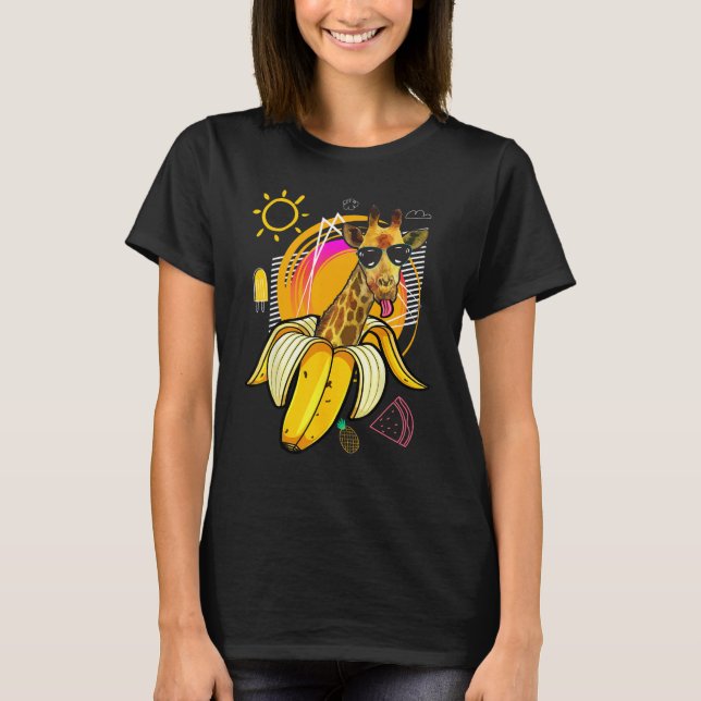 T-shirt Hipster Giraffe with Banana and Sunglasses  summer (Devant)