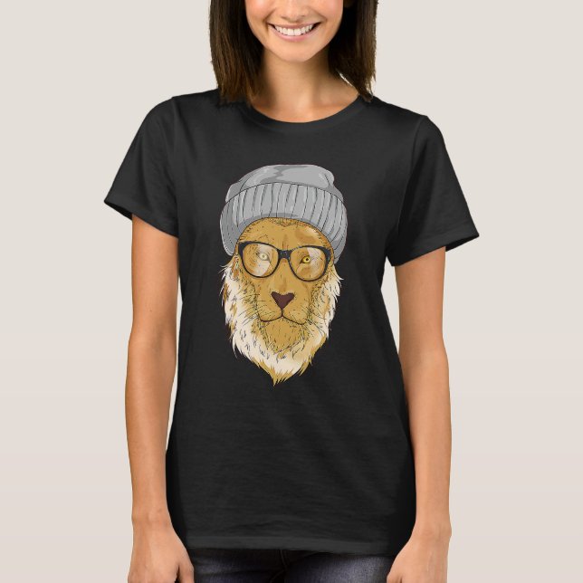 T-shirt Hipster Lion Beanie & Hip Glasses Cool Mode (Devant)