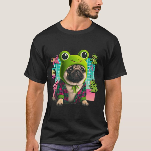 T-shirt Hispter pug avec un chapeau de grenouille dessus (Devant)