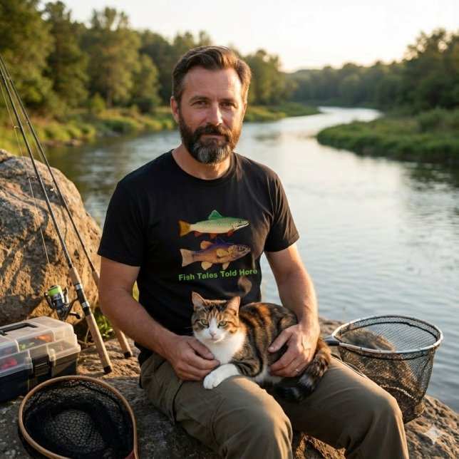 T-shirt Histoires de poissons racontées ici/Pêcheur (Medium weight soft and comfy Tee for guys that like to go fishing with their cat .  Great gift idea )