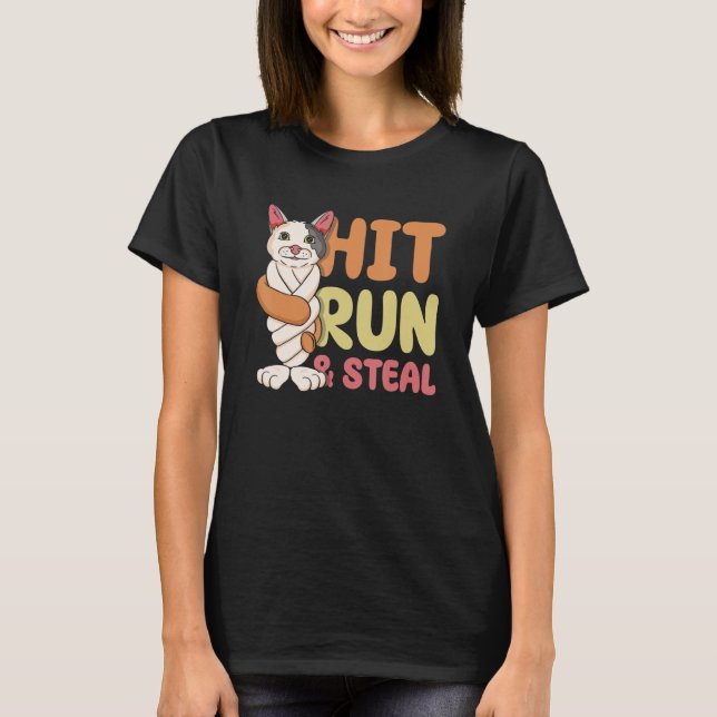 T-shirt Hit Run & Steal Baseball Twisted Bat Chat Drôle Sp (Devant)