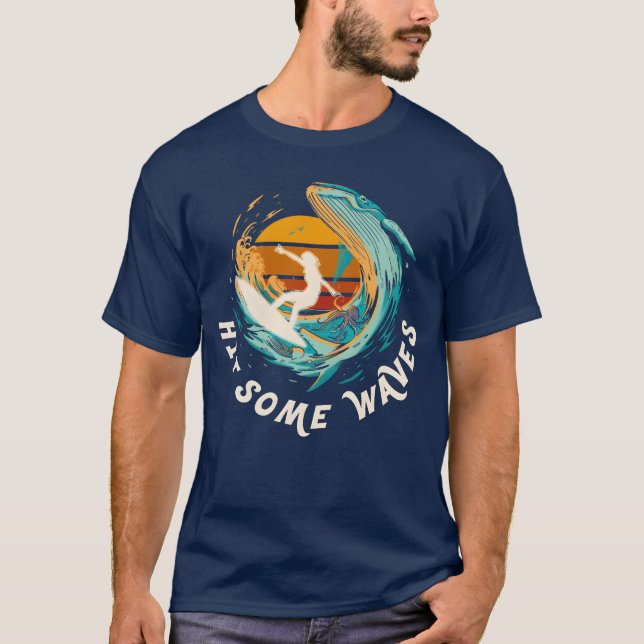 T-shirt Hit Some Waves Retro Sunset Surfing 80s 90s Surfer (Devant)