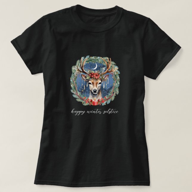 T-shirt Hiver Solstice vacances Deer Wreath Yule Noël (Design devant)