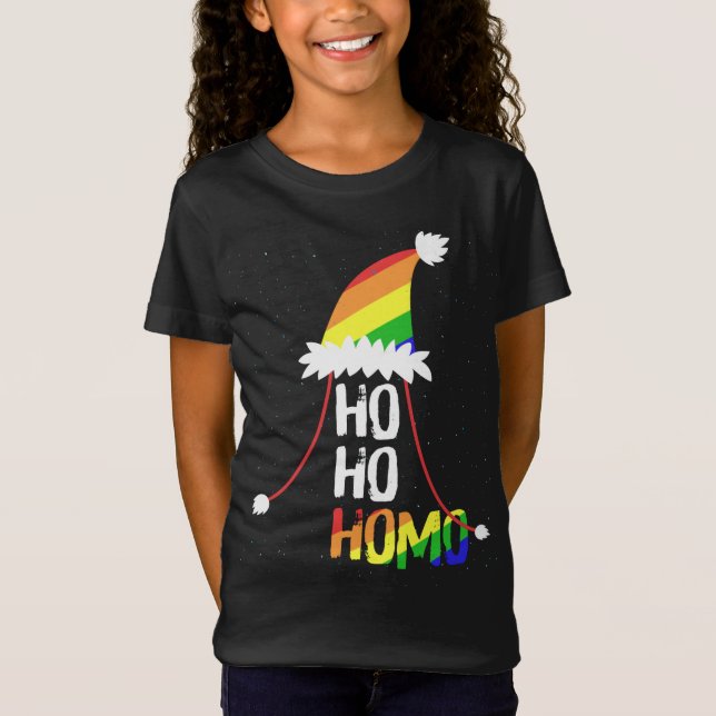 T-Shirt Ho Ho Filles Homos Santa Hat Christmas LGBT Pride  (Devant)