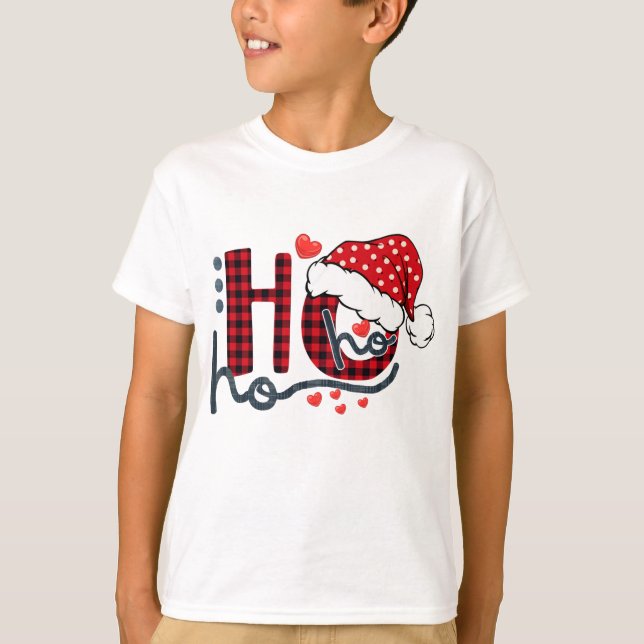 T-shirt Ho ho Ho Buffalo Red Plaid Santa Hat Christmas Fun (Devant)