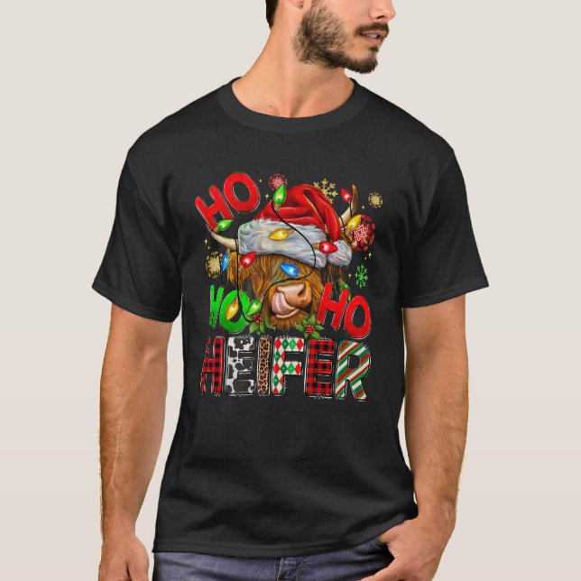 T-shirt Ho Ho Ho Cute Highland Vache Noël Santa Hat Buf (Devant)