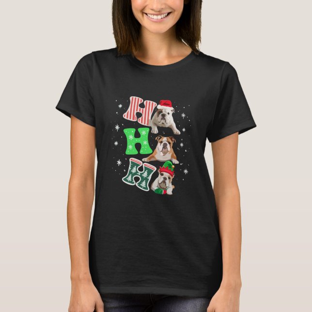 T-shirt Ho Ho Ho English Bulldog Santa Reindeer Christmas  (Devant)