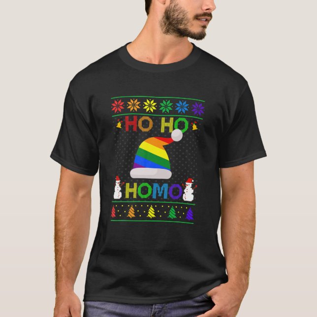 T-shirt Ho Ho Homo Gay Christmas LGBT Rainbow Santa Hat Ug (Devant)