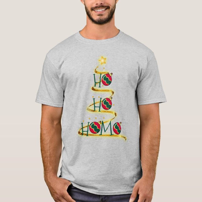 T-shirt "Ho ho homo" gay noël arbre avec ornements drôle (Devant)