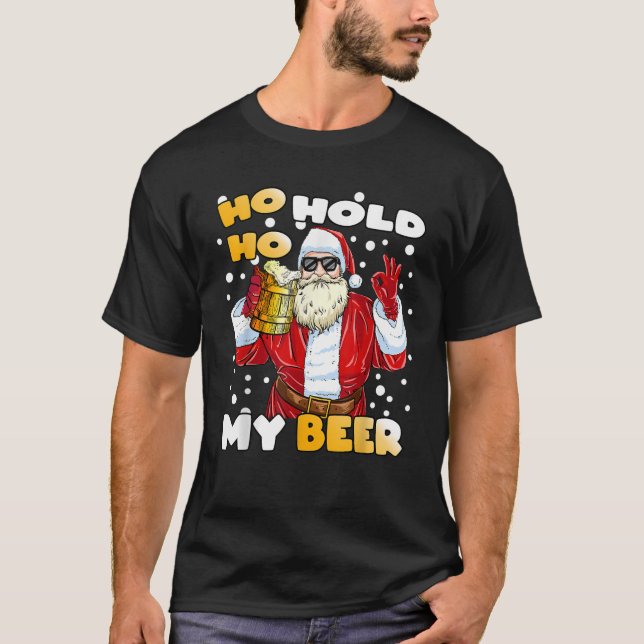 T-shirt Ho Ho Tenir Ma Bière Drôle Père Noël Bière Noël (Devant)